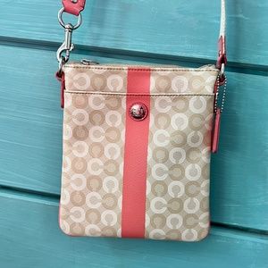 COACH Color-Block Tan and Pink Canvas Signature Crossbody Swingback